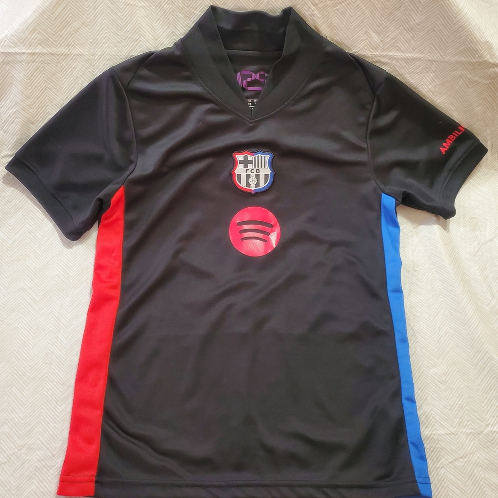 Black FC Barcelona Kids Soccer Jersey with Red & Blue Side Panels